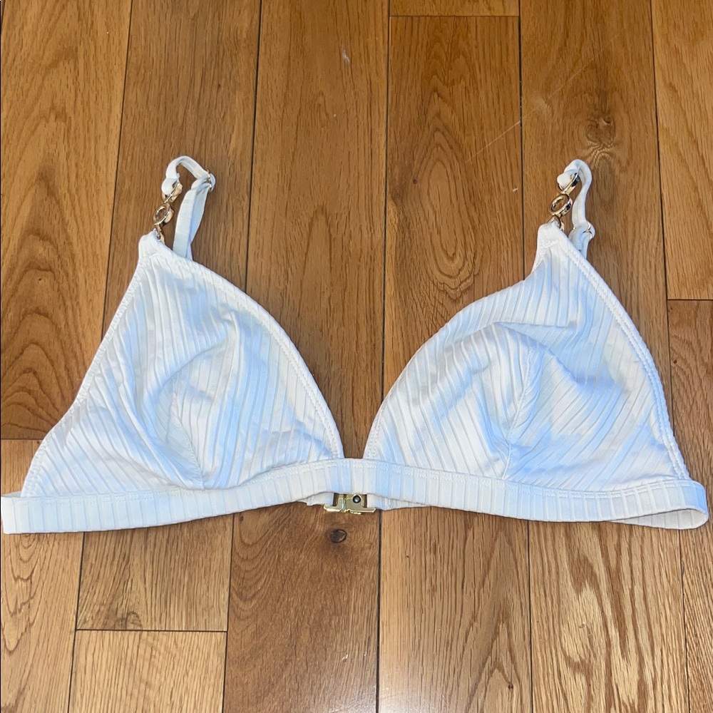 Elegant White Striped Bikini Top with Gold Accents - Size M